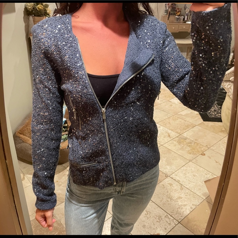 Maje Blue Knit Asymmetrical Zip Sequin Jacket